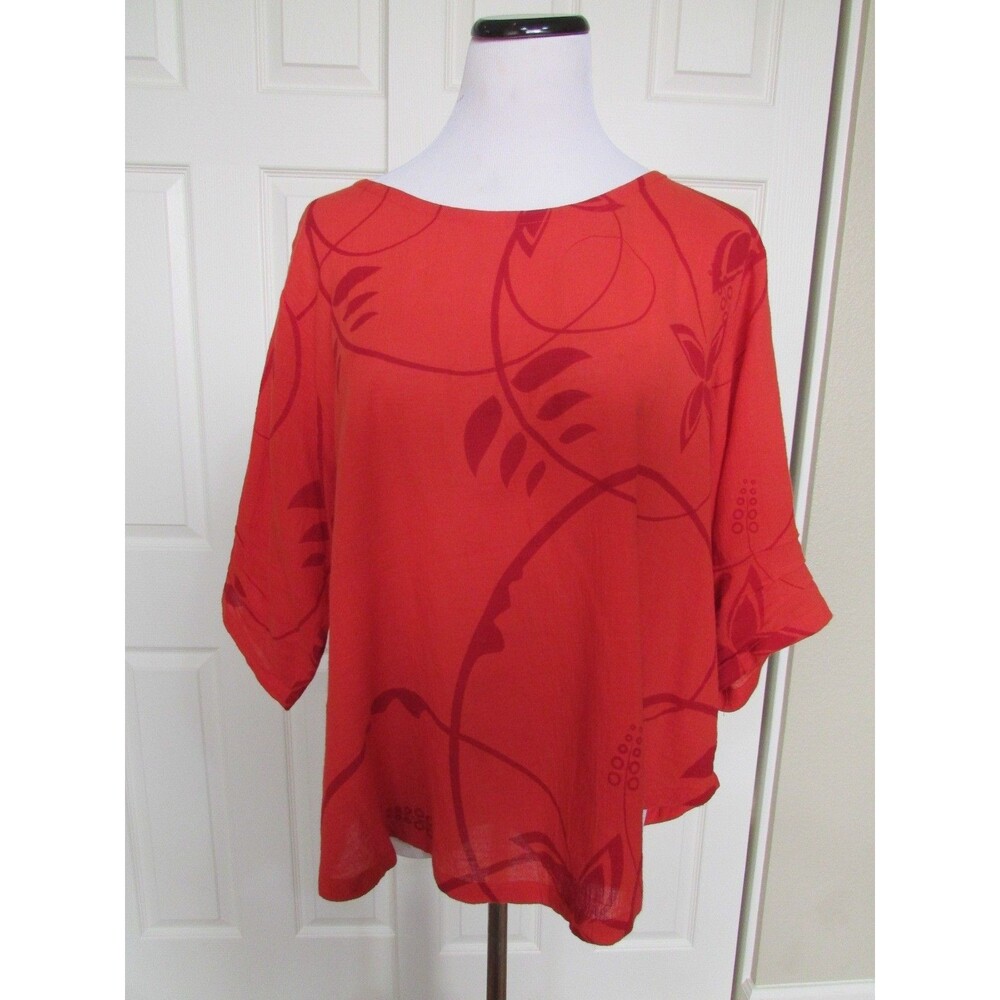 YASUKO Orange/Red Asymmetrical Scalloped Floral Cotton Top Art to Wear Sz M/L